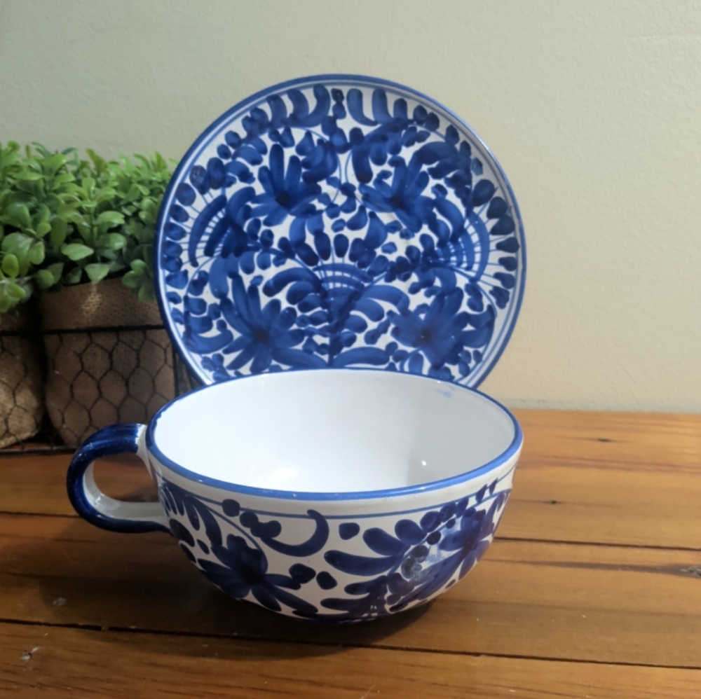 Plate and Tea Cup Soup Bowl Cobalt Blue Made in Italy Hand Painted
